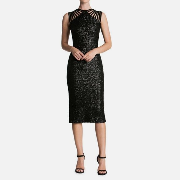 NWOT Dress the Population Gwen Black Strappy Sequin Midi Dress